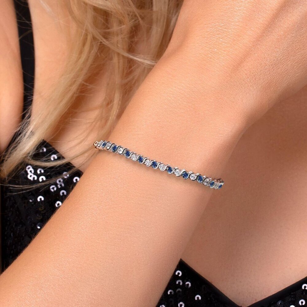 Blue Sapphire Cubic Zirconia Tennis Bracelet Women 7 Inch Elegant Jewelry - Picture 4 of 7
